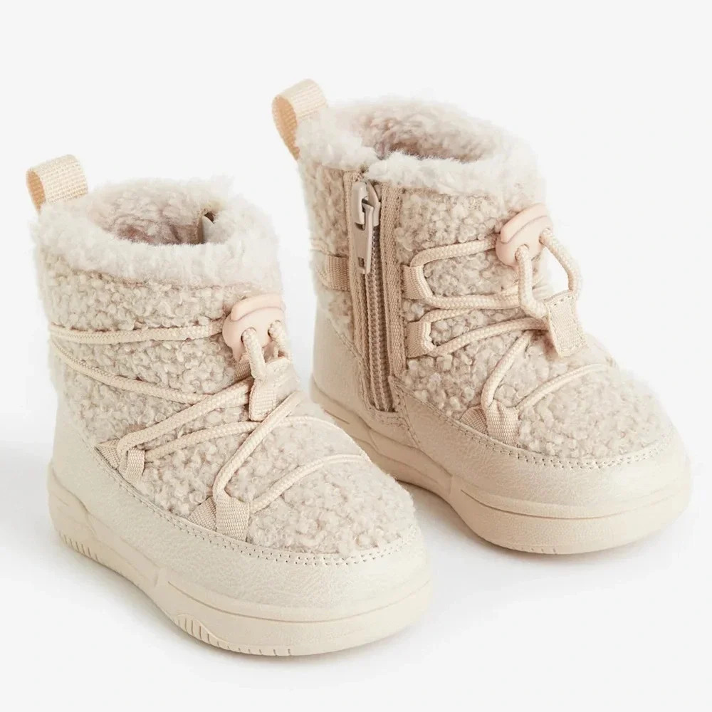 H&M kids toddler boots winter fleece lined girl teddy sherpa zipper up beige